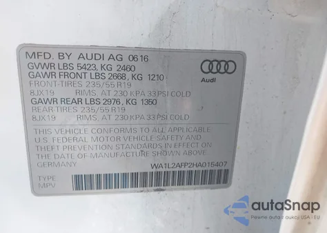 2017 Audi Q5 2.0T Premium from USA, damaged, VIN WA1L2AFP2HA015407